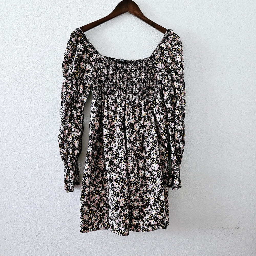 Floral Smocked Mini Dress in Black and Pink